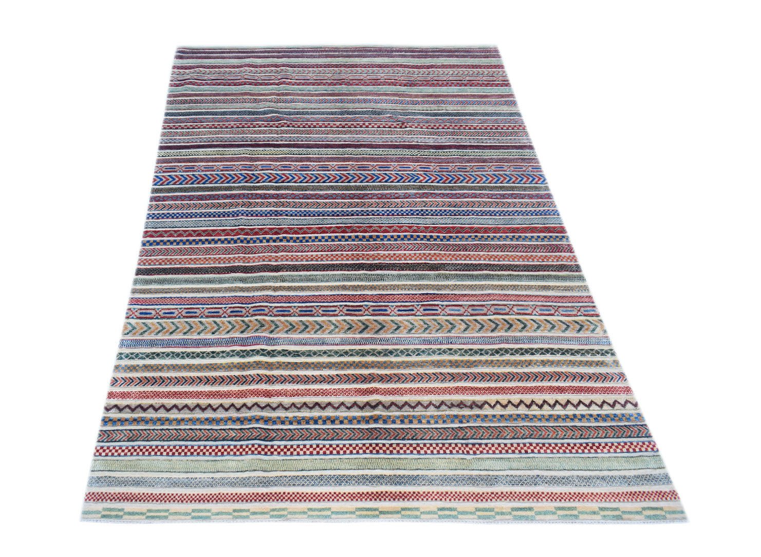 Handmade Afghan Yekta rug featuring a vibrant, multi-colored striped pattern with varied textures.
