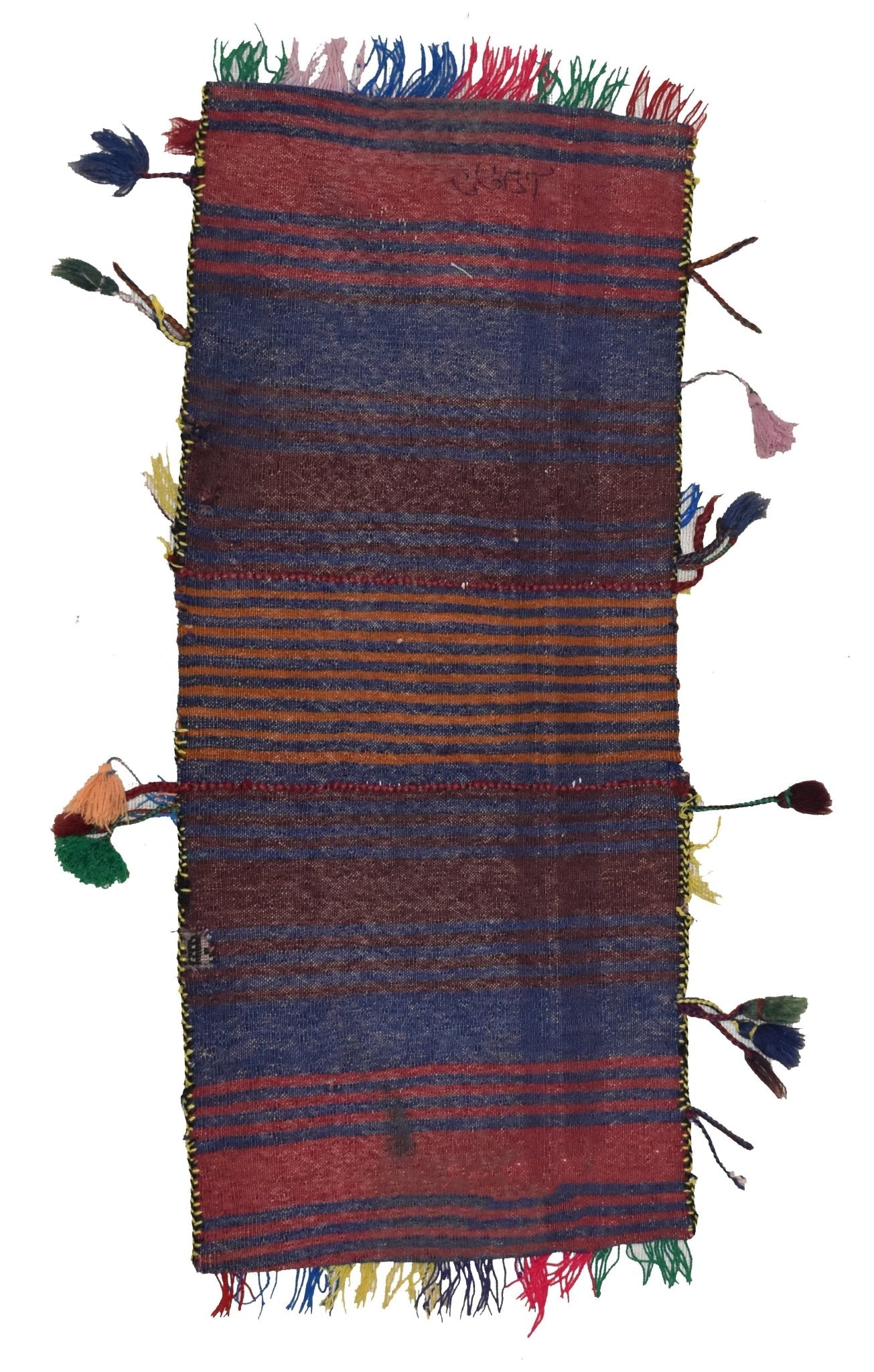 A handmade vintage Afghan wool saddle bag featuring colorful striped patterns and decorative tassels.