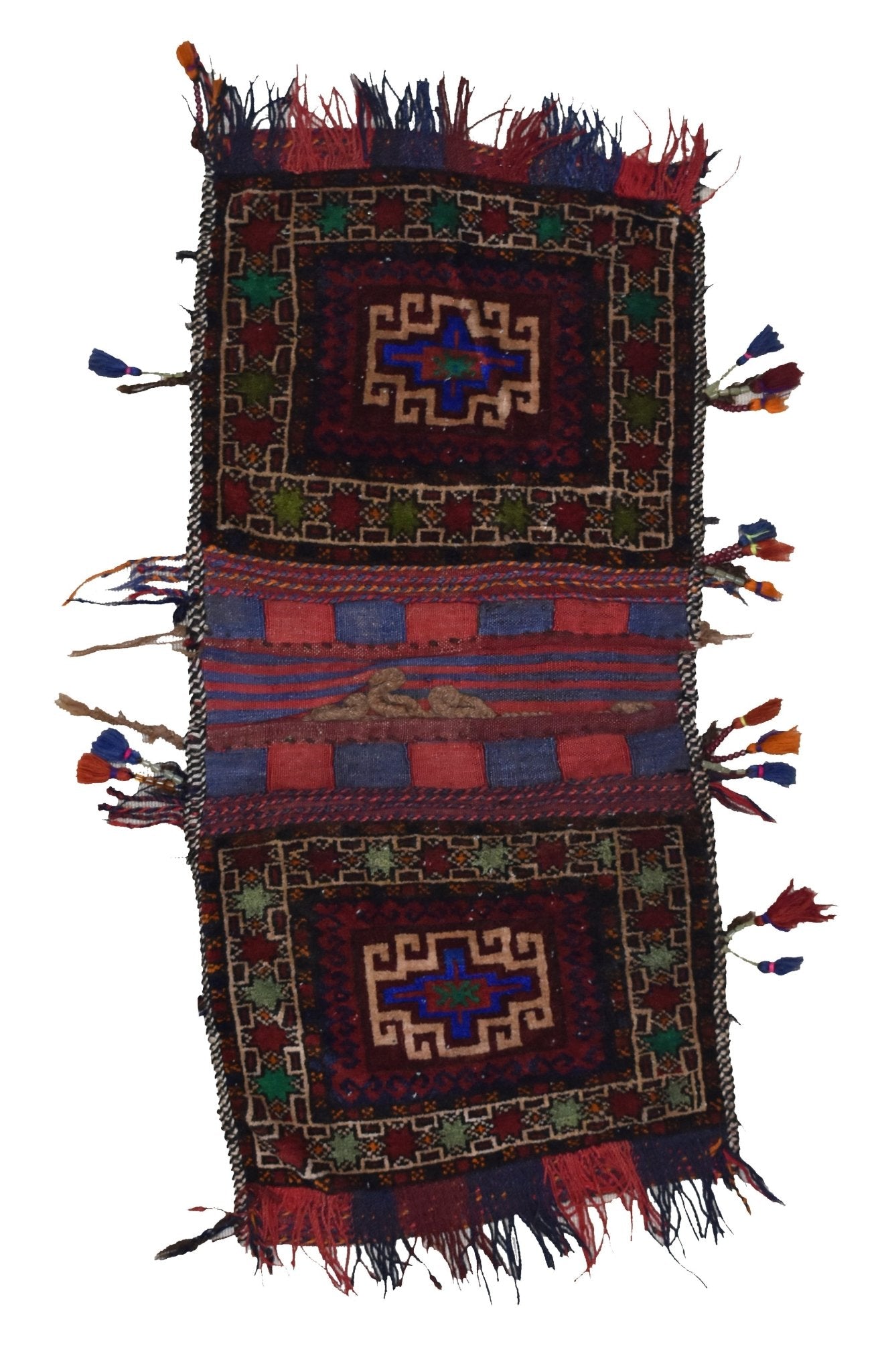 A vintage handmade Afghan wool saddle bag featuring two matching panels with geometric patterns.