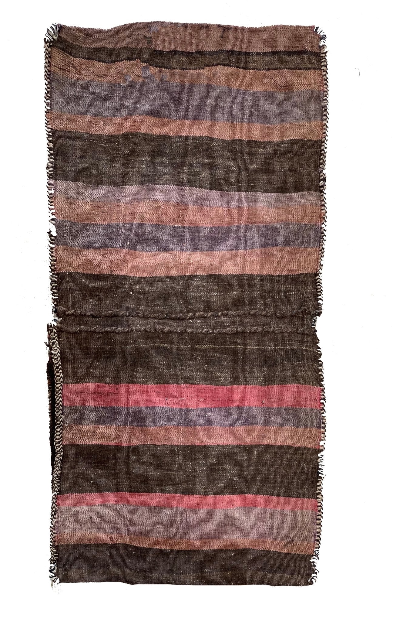 A handmade vintage Afghan wool saddle bag featuring horizontal stripes in earthy tones.