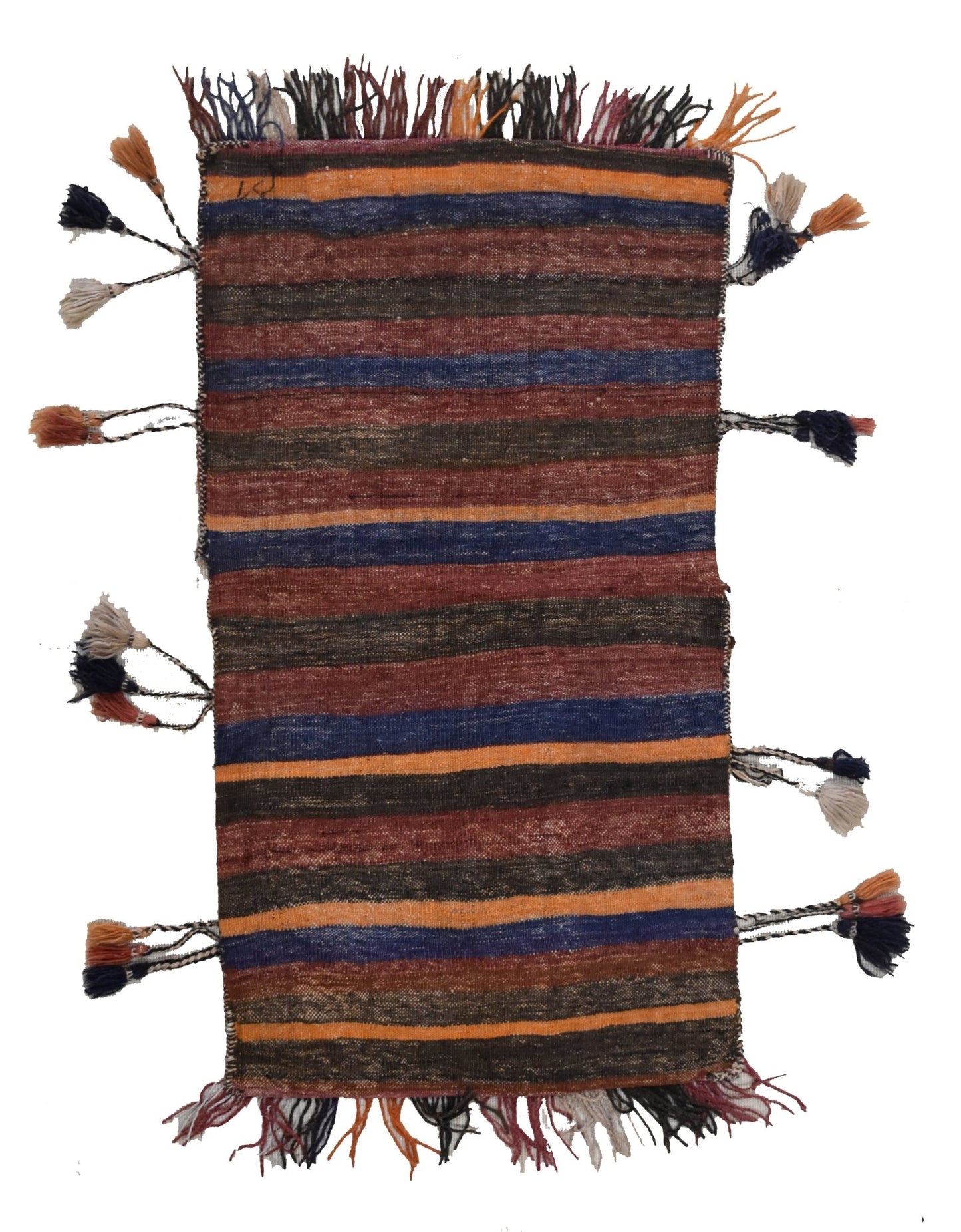 A vintage handmade Afghan wool saddle bag featuring horizontal stripes and decorative side tassels.