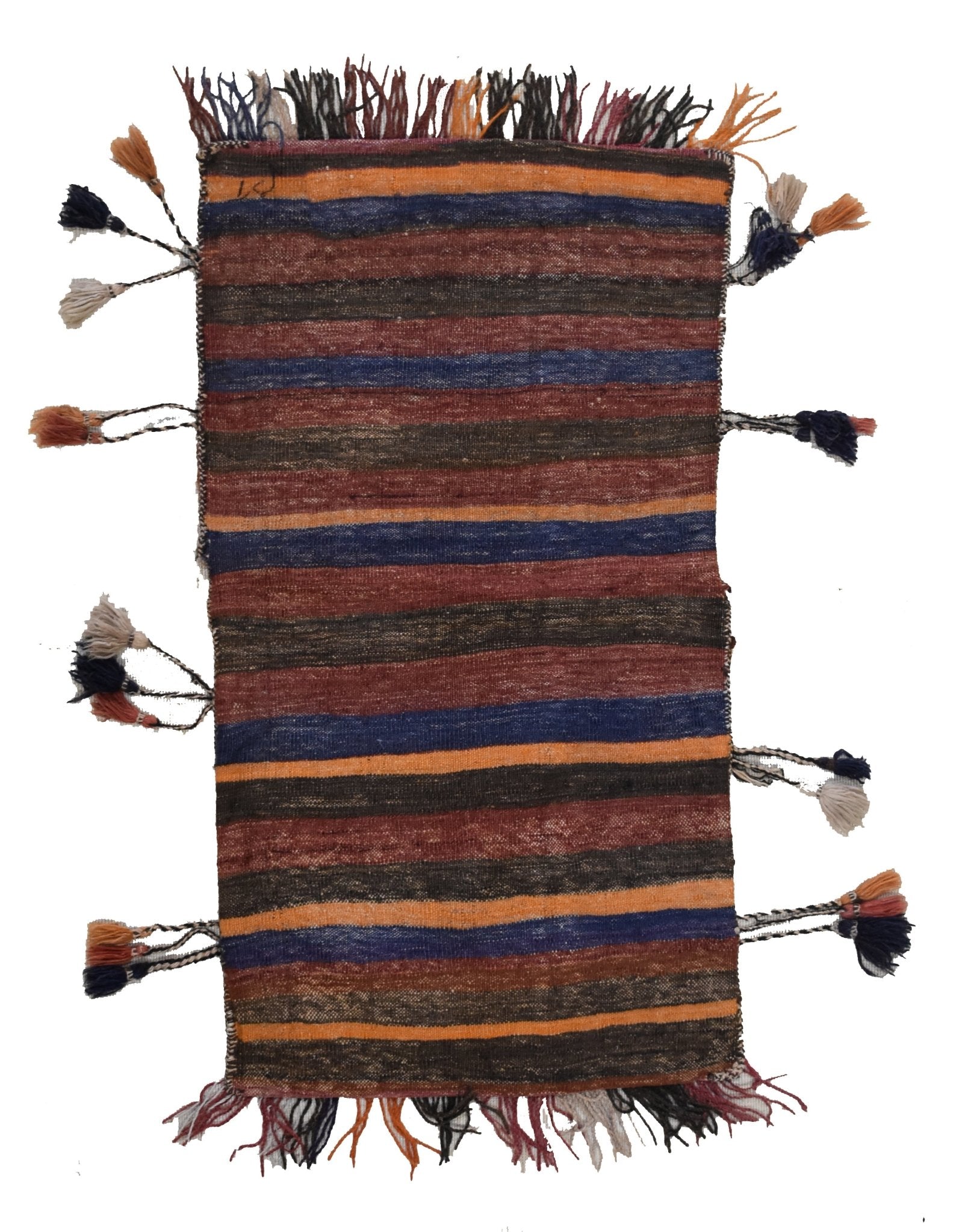 A vintage handmade Afghan wool saddle bag featuring horizontal stripes and decorative side tassels.