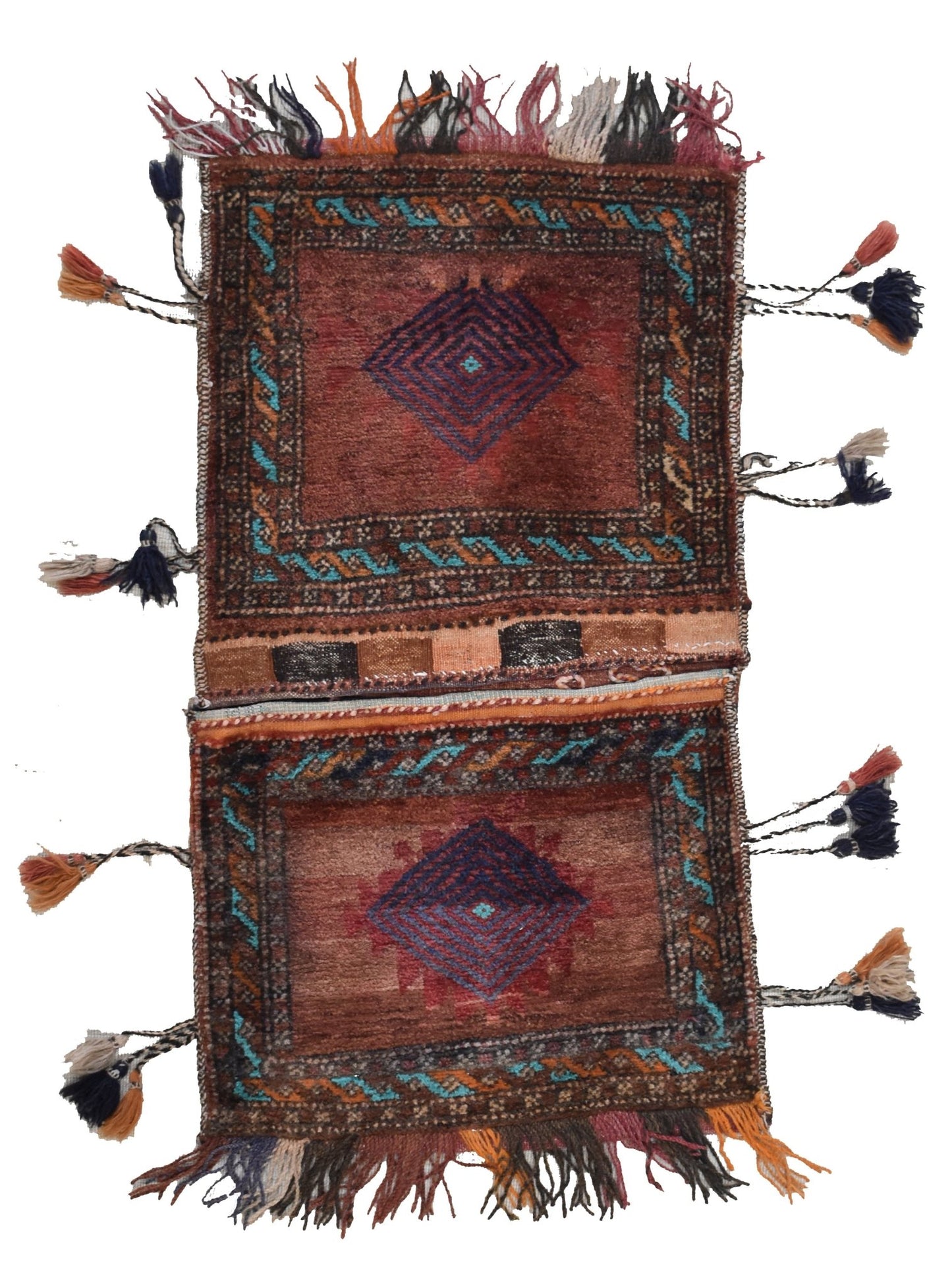 A handmade vintage Afghan wool saddle bag featuring two panels with geometric diamond motifs.