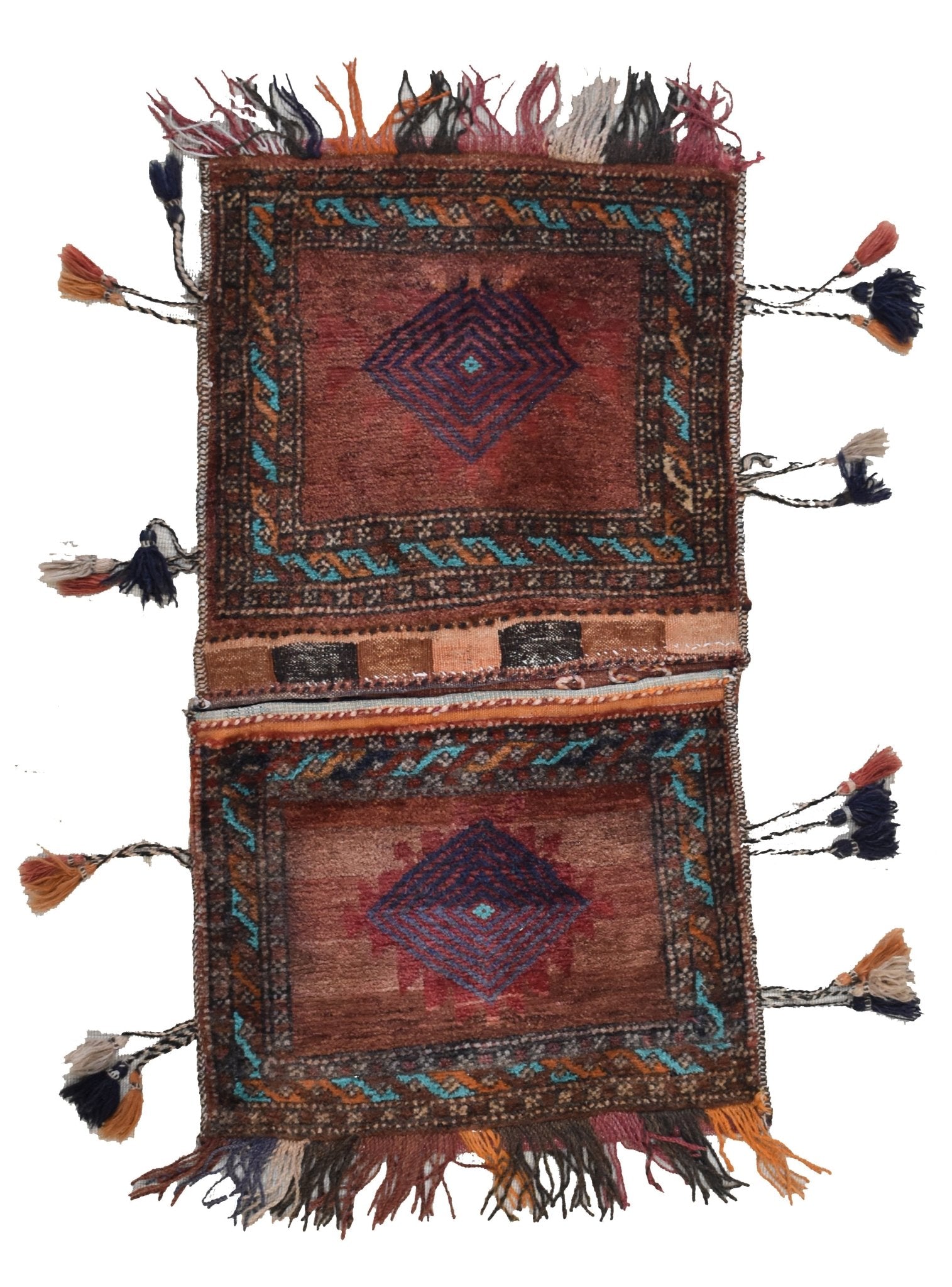 A handmade vintage Afghan wool saddle bag featuring two panels with geometric diamond motifs.