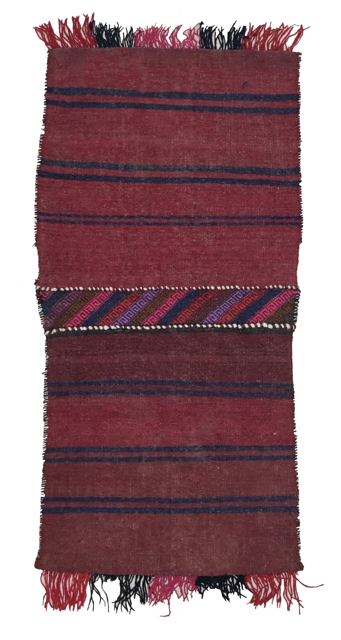 A handmade vintage Afghan wool saddle bag featuring red striped fabric and a patterned center band.