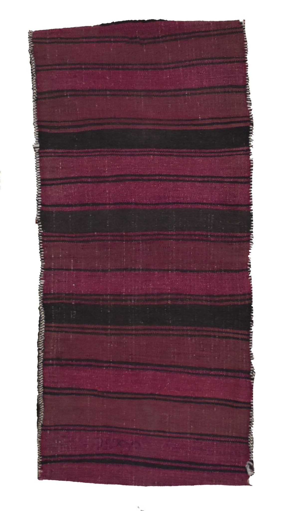 A handmade vintage Afghan saddle bag featuring horizontal stripes in shades of maroon and black.