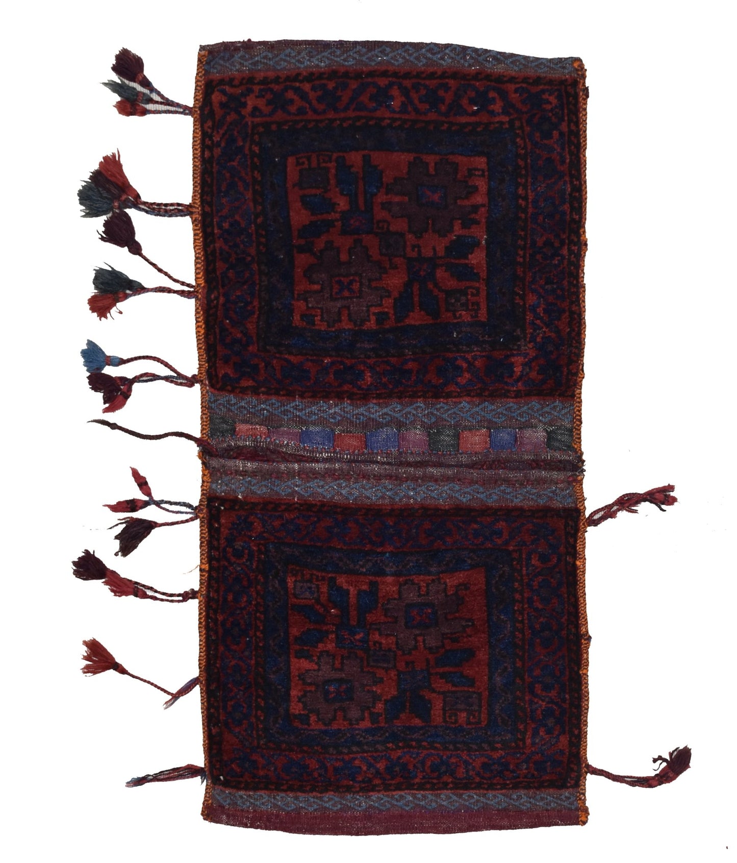 A handmade vintage Afghan wool saddle bag featuring two matching dark red and blue tribal panels.