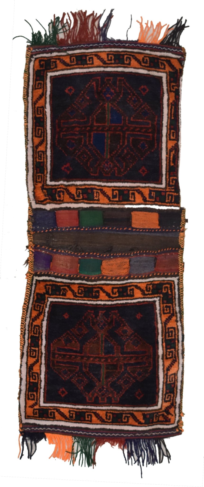 A handmade vintage Afghan wool saddle bag featuring two dark panels with geometric patterns.