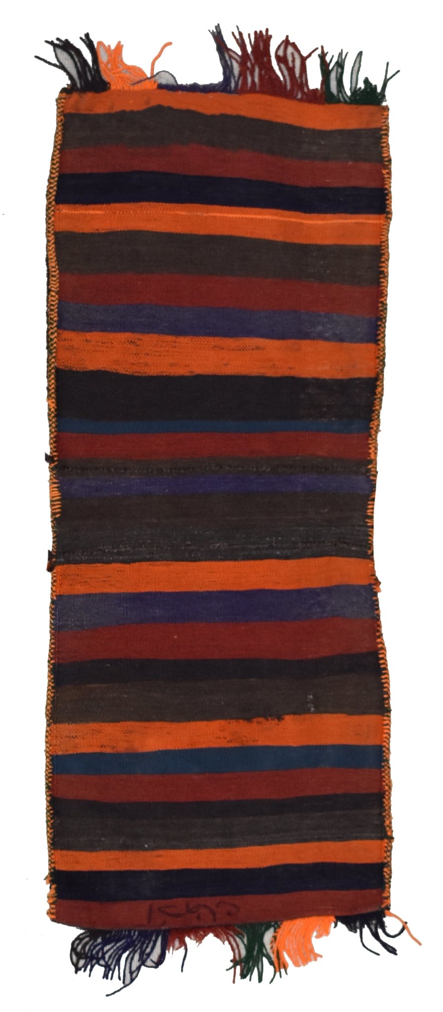 A vintage handmade Afghan wool saddle bag featuring horizontal stripes in orange, red, and blue.