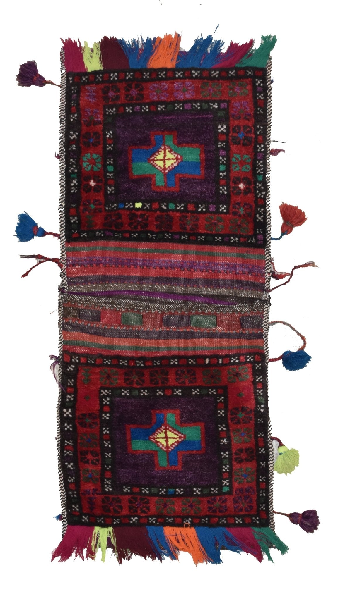 A handmade vintage Afghan wool saddle bag featuring two purple and red panels with geometric motifs.