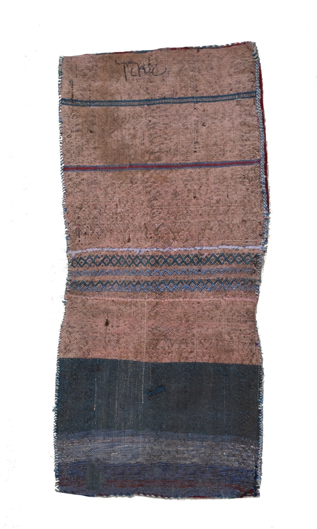 A handmade vintage Afghan wool saddle bag featuring earthy tones and geometric embroidery.