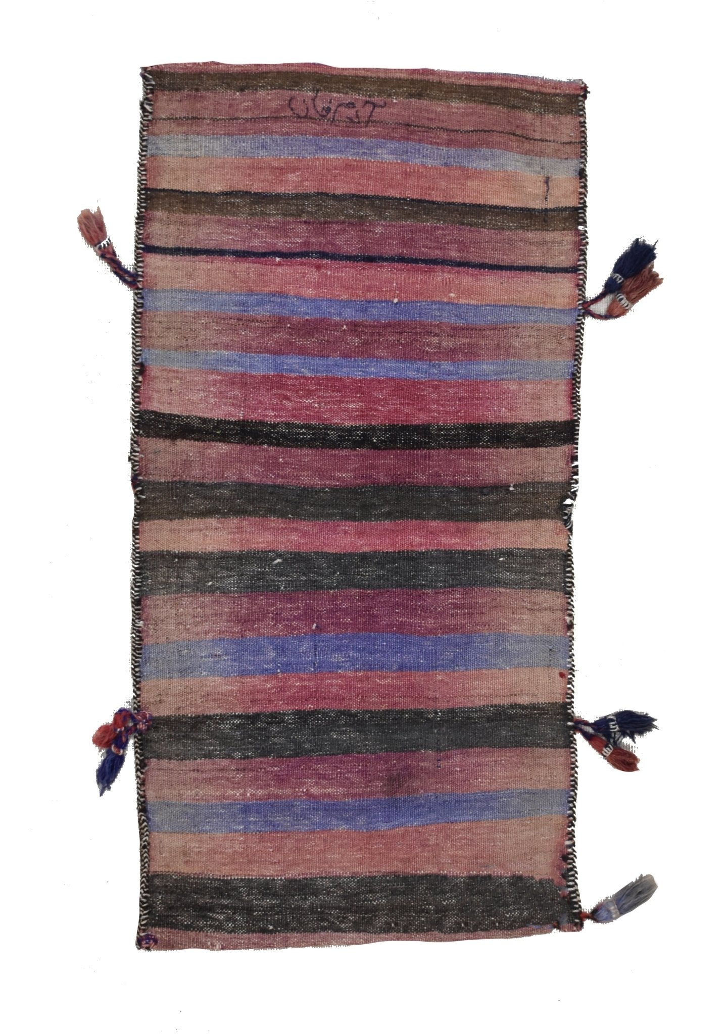 A handmade vintage Afghan wool saddle bag featuring horizontal stripes in muted earthy tones.
