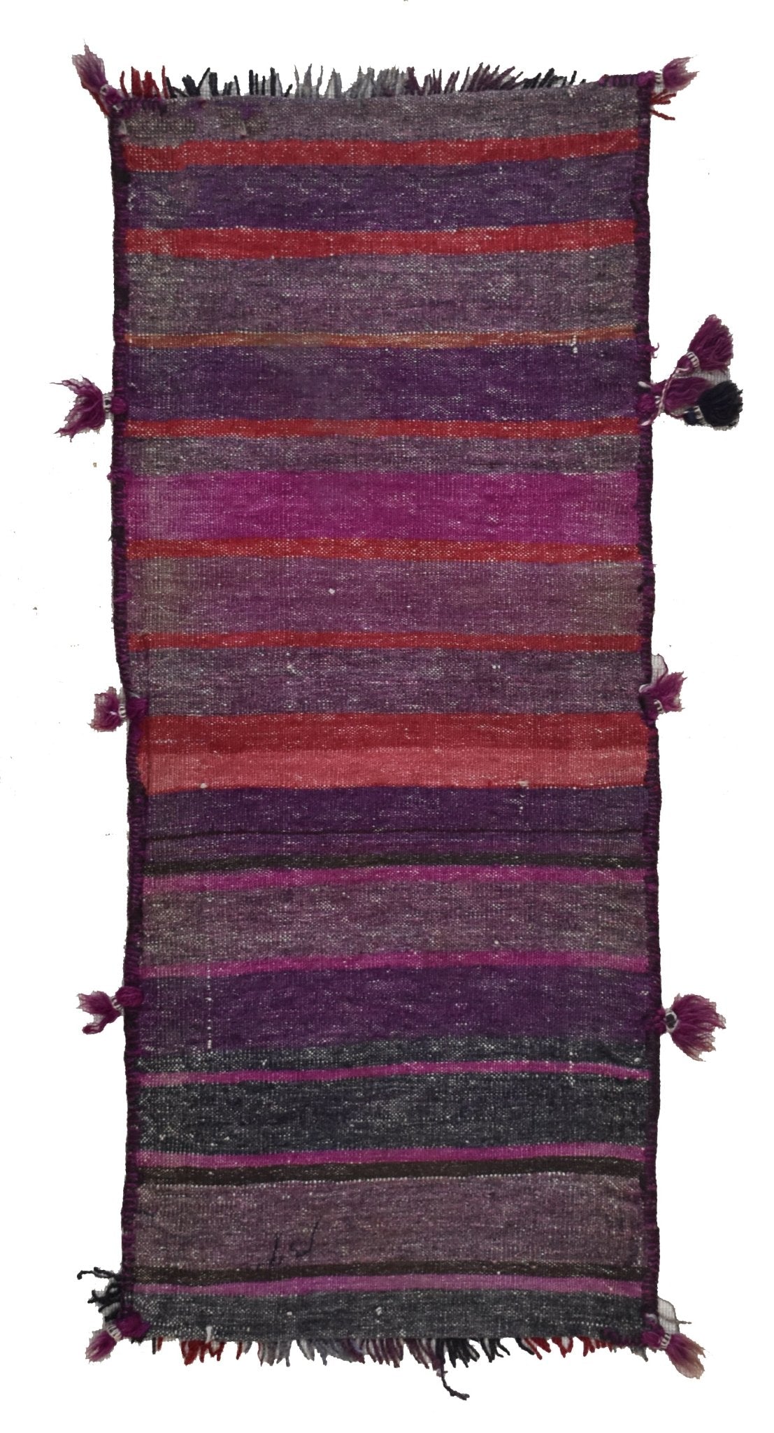 A vintage handmade Afghan wool saddle bag featuring horizontal stripes in purple and red tones.
