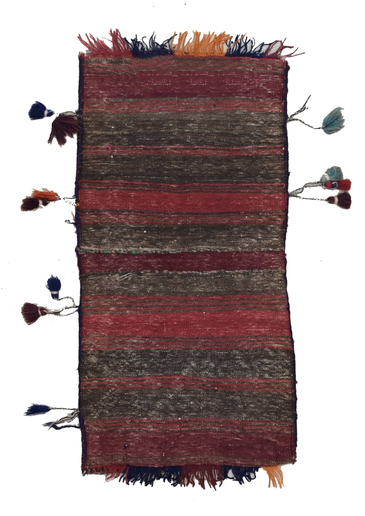 A handmade vintage Afghan wool saddle bag featuring horizontal red and brown striped patterns.
