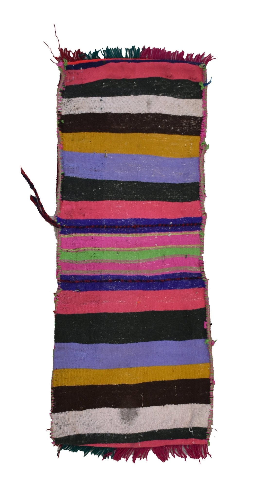 A handmade vintage Afghan wool saddle bag featuring colorful horizontal stripes and fringed ends.