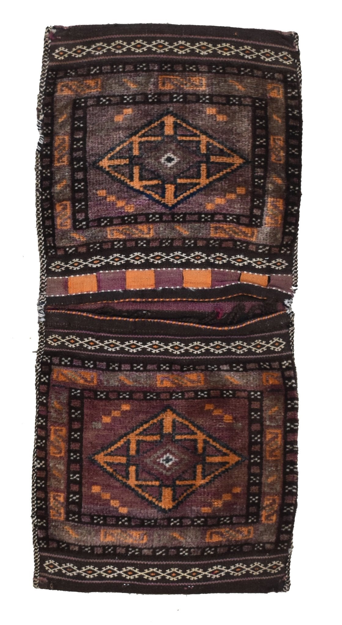 A handmade vintage Afghan wool saddle bag featuring two matching panels with geometric patterns.