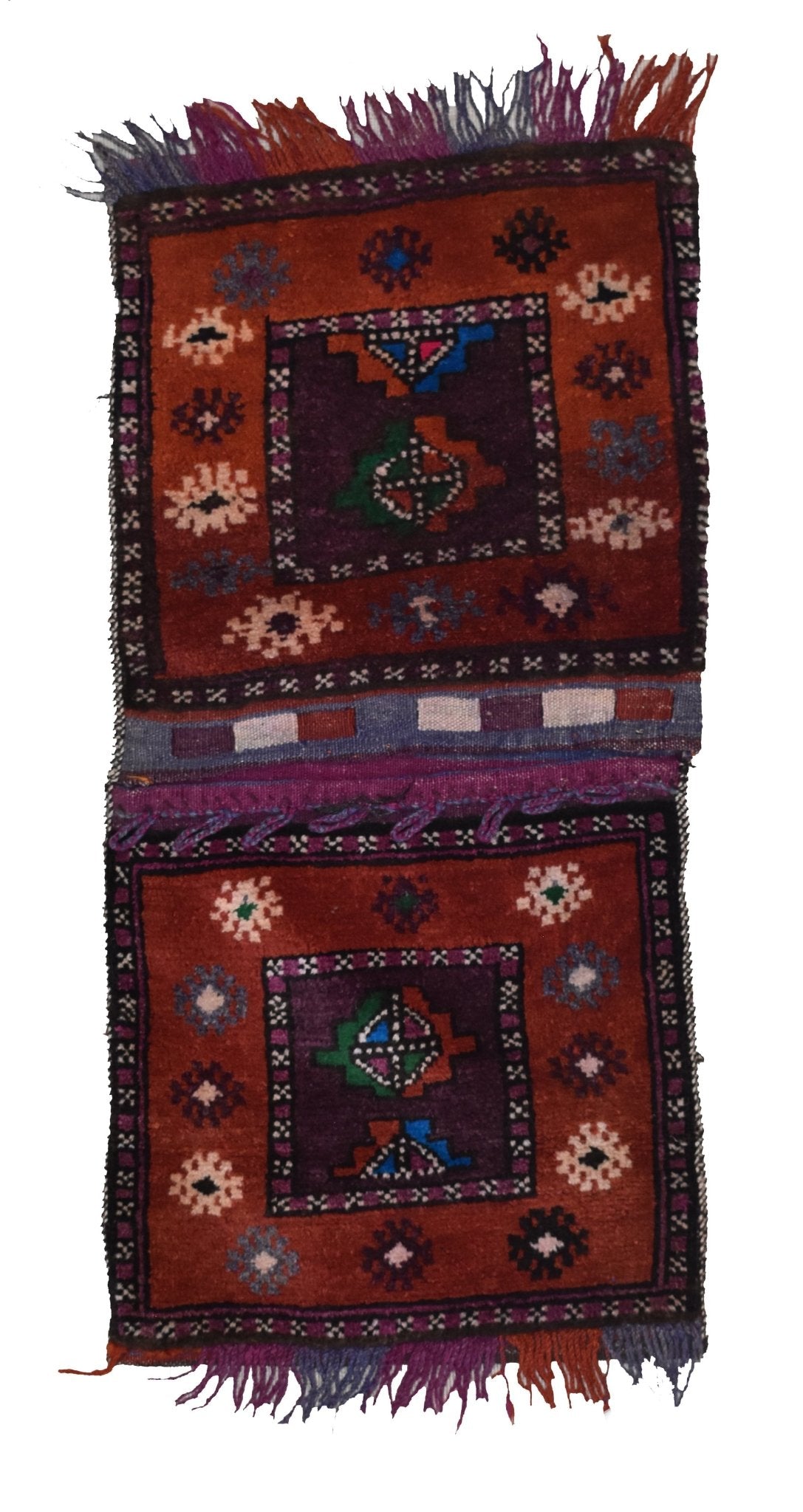 A handmade vintage Afghan wool saddle bag featuring two square panels with geometric tribal motifs.