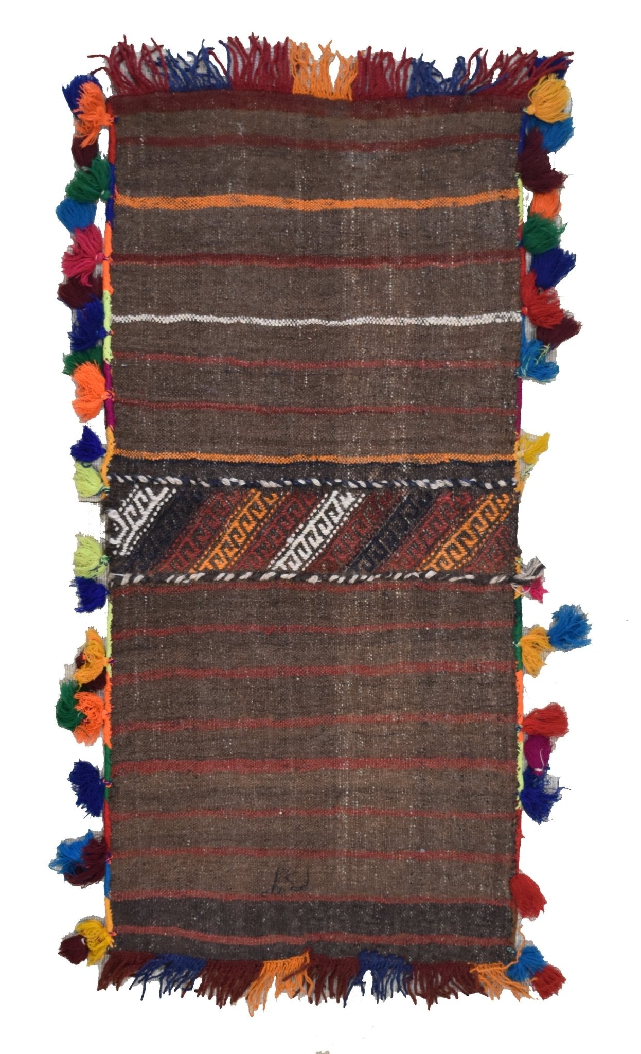 A handmade vintage Afghan wool saddle bag featuring brown striped fabric and colorful tassels.