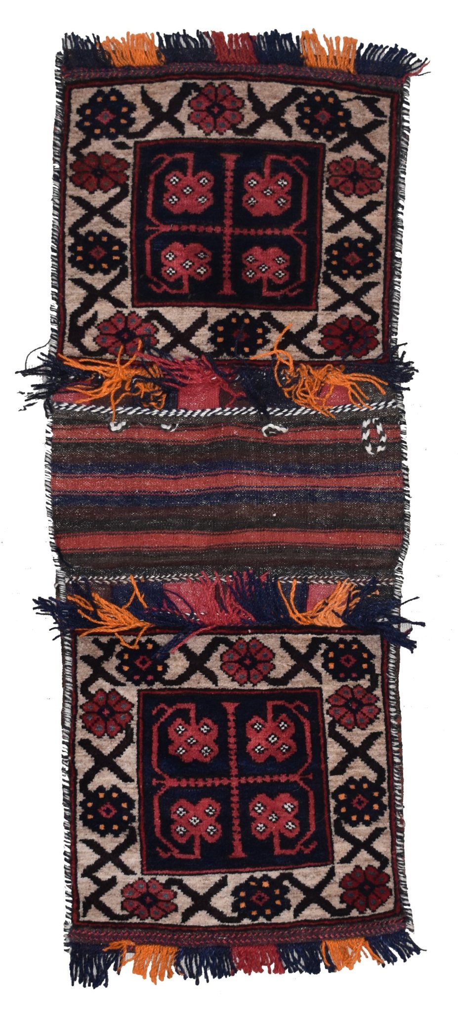 A handmade vintage Afghan wool saddle bag featuring two matching panels with floral motifs.