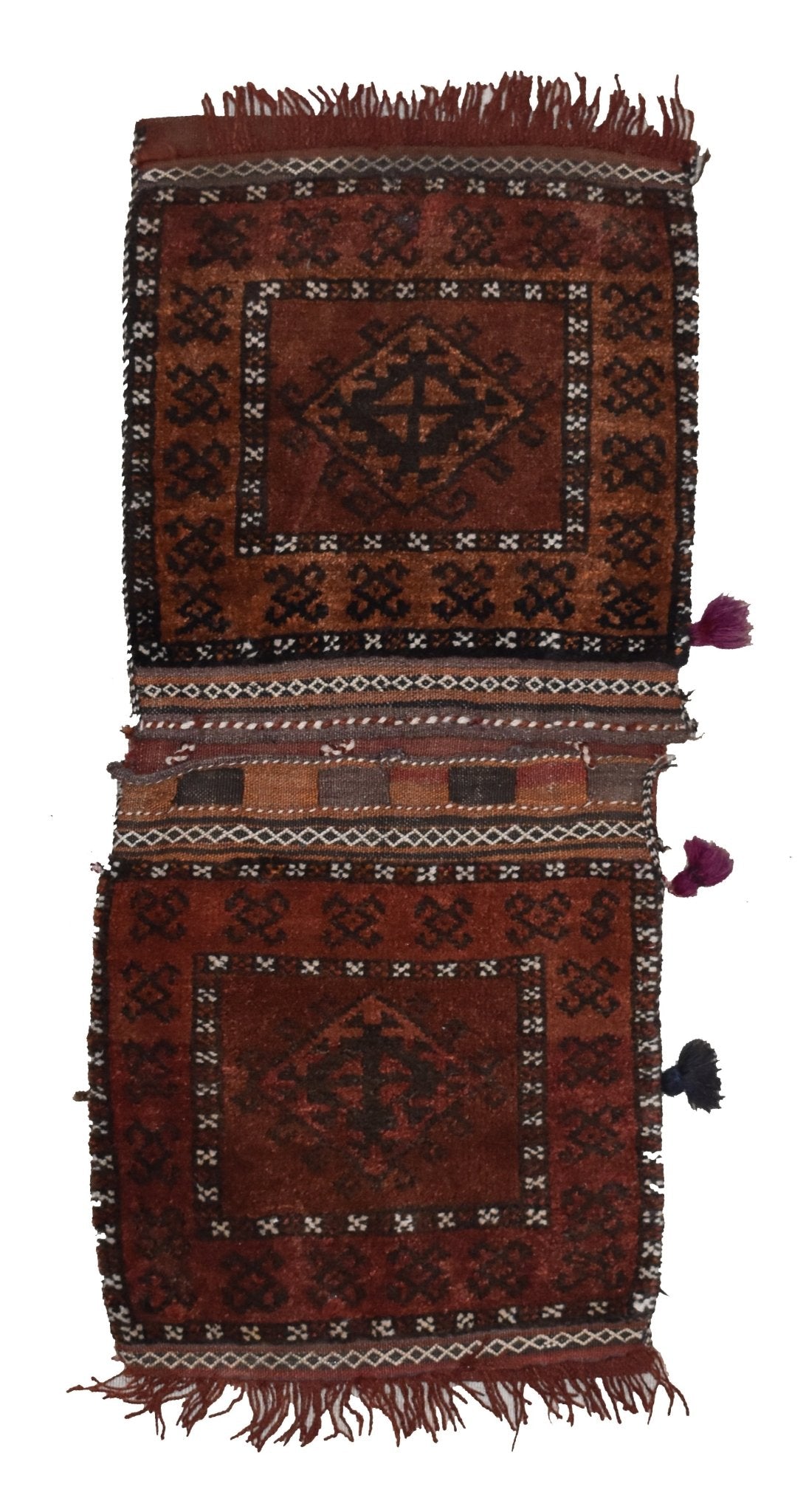 A handmade vintage Afghan wool saddle bag featuring two matching panels with geometric patterns.