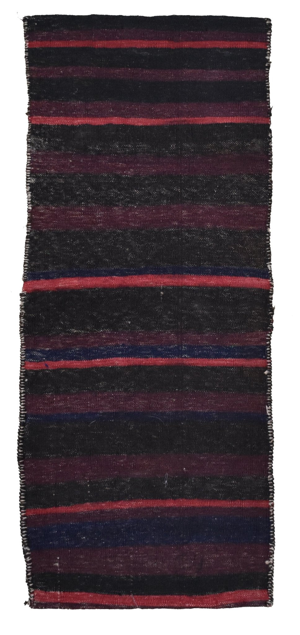 A handmade vintage Afghan wool saddle bag featuring horizontal stripes in black, red, and purple.