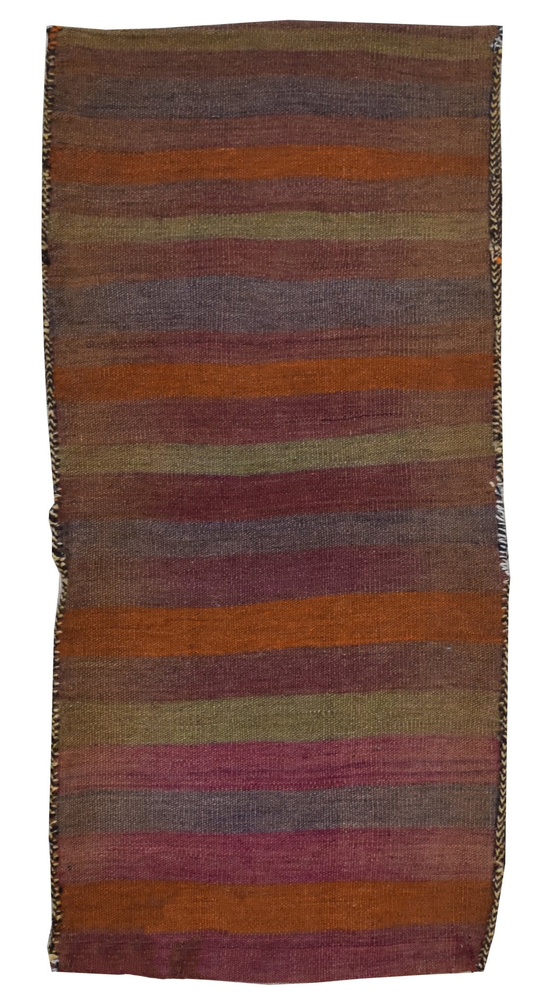 A vintage handmade Afghan wool saddle bag featuring horizontal stripes in earthy tones.