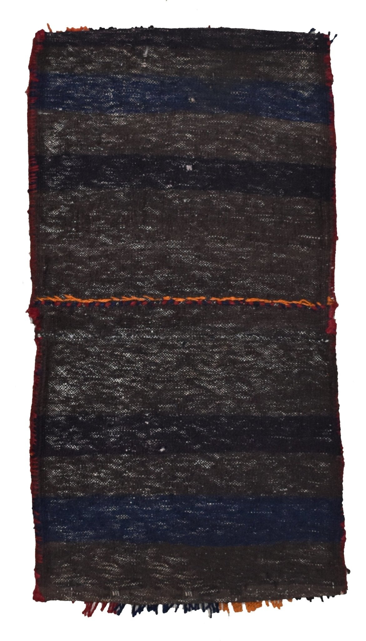 A handmade vintage Afghan wool saddle bag featuring dark horizontal stripes and colorful accents.