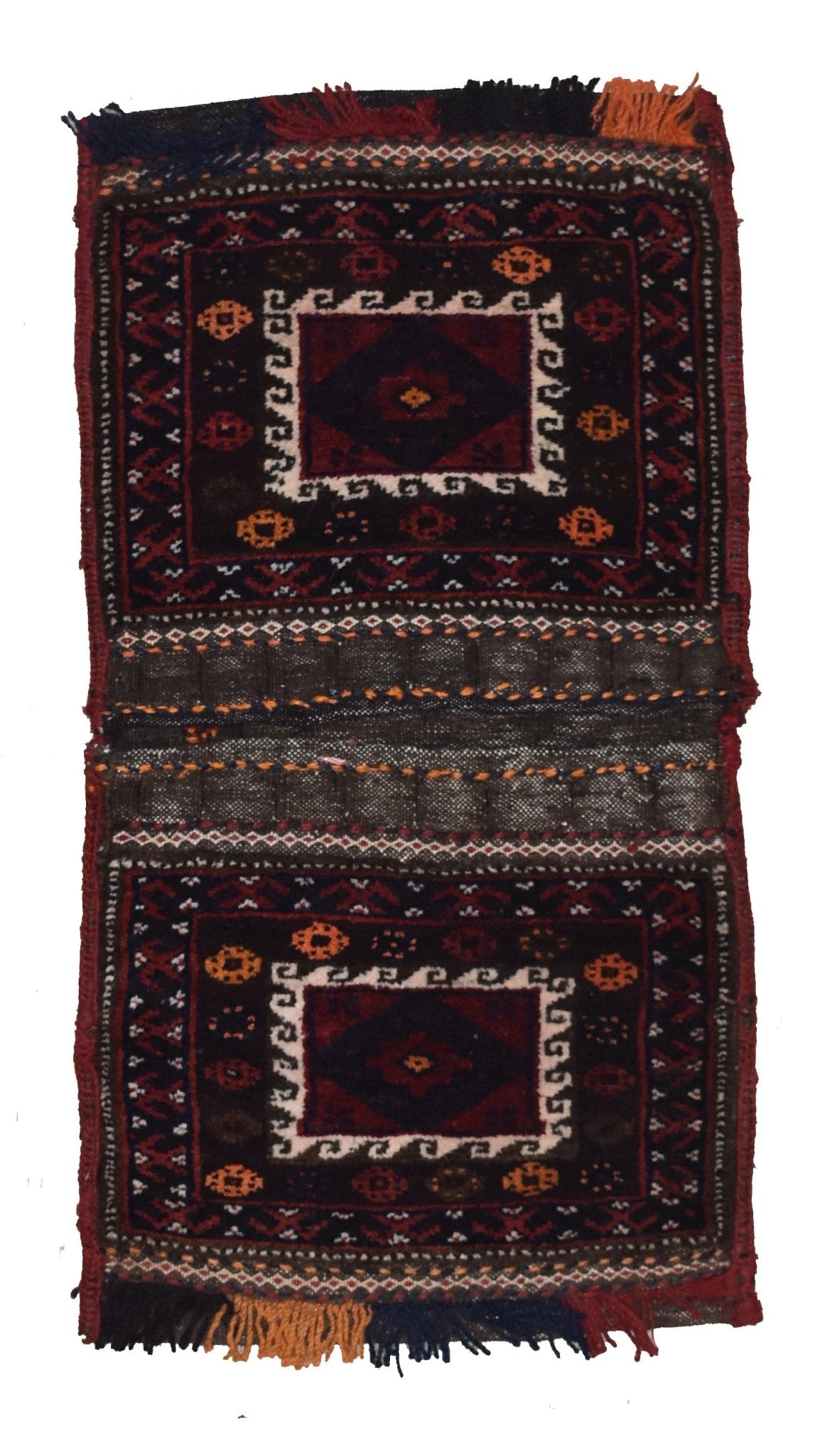A vintage handmade Afghan wool saddle bag featuring two dark panels with geometric tribal patterns.