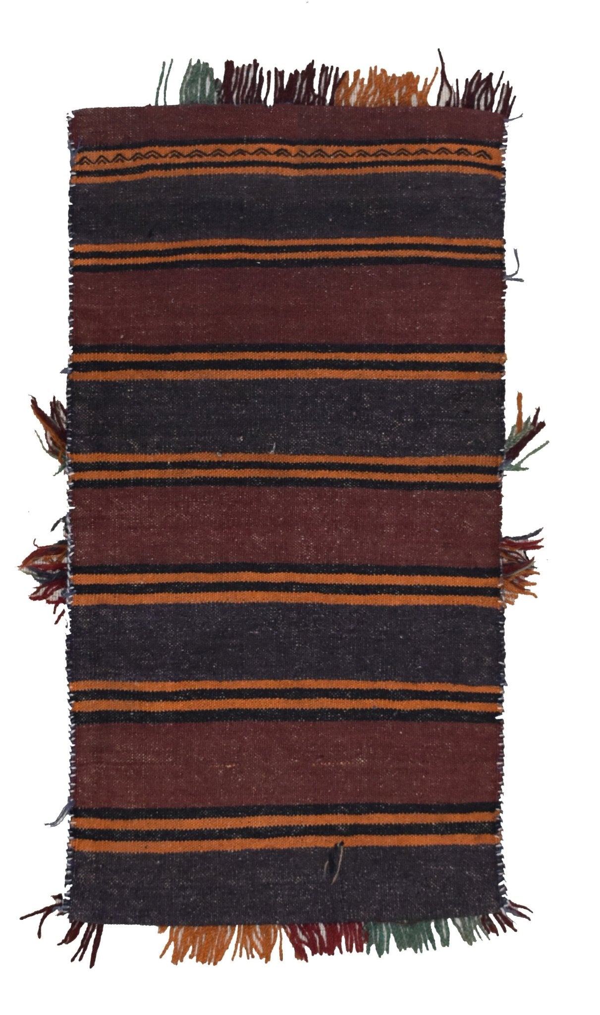A handmade vintage Afghan wool saddle bag featuring horizontal stripes in brown, black, and orange.