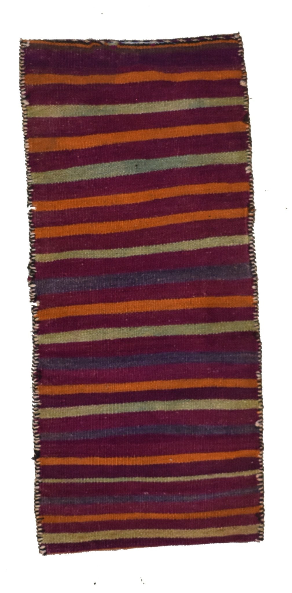 A vintage handmade Afghan wool saddle bag featuring a striped pattern in purple, orange, and tan.