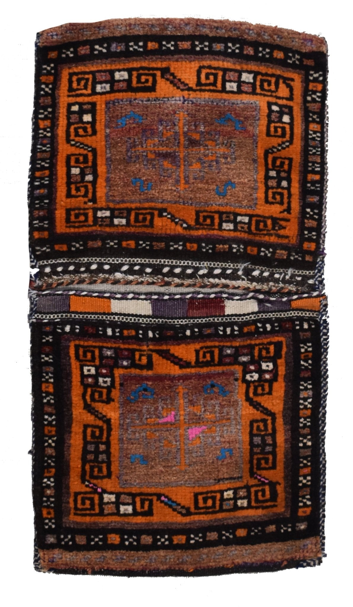 A vintage handmade Afghan wool saddle bag featuring two square panels with geometric orange borders.