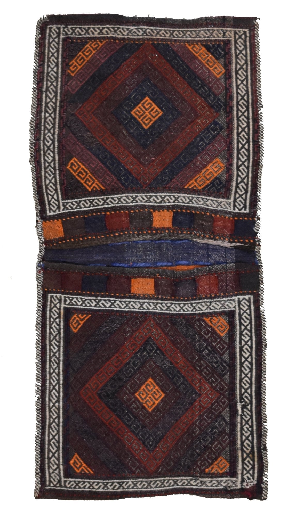 A handmade vintage Afghan wool saddle bag featuring geometric diamond patterns in dark tones.