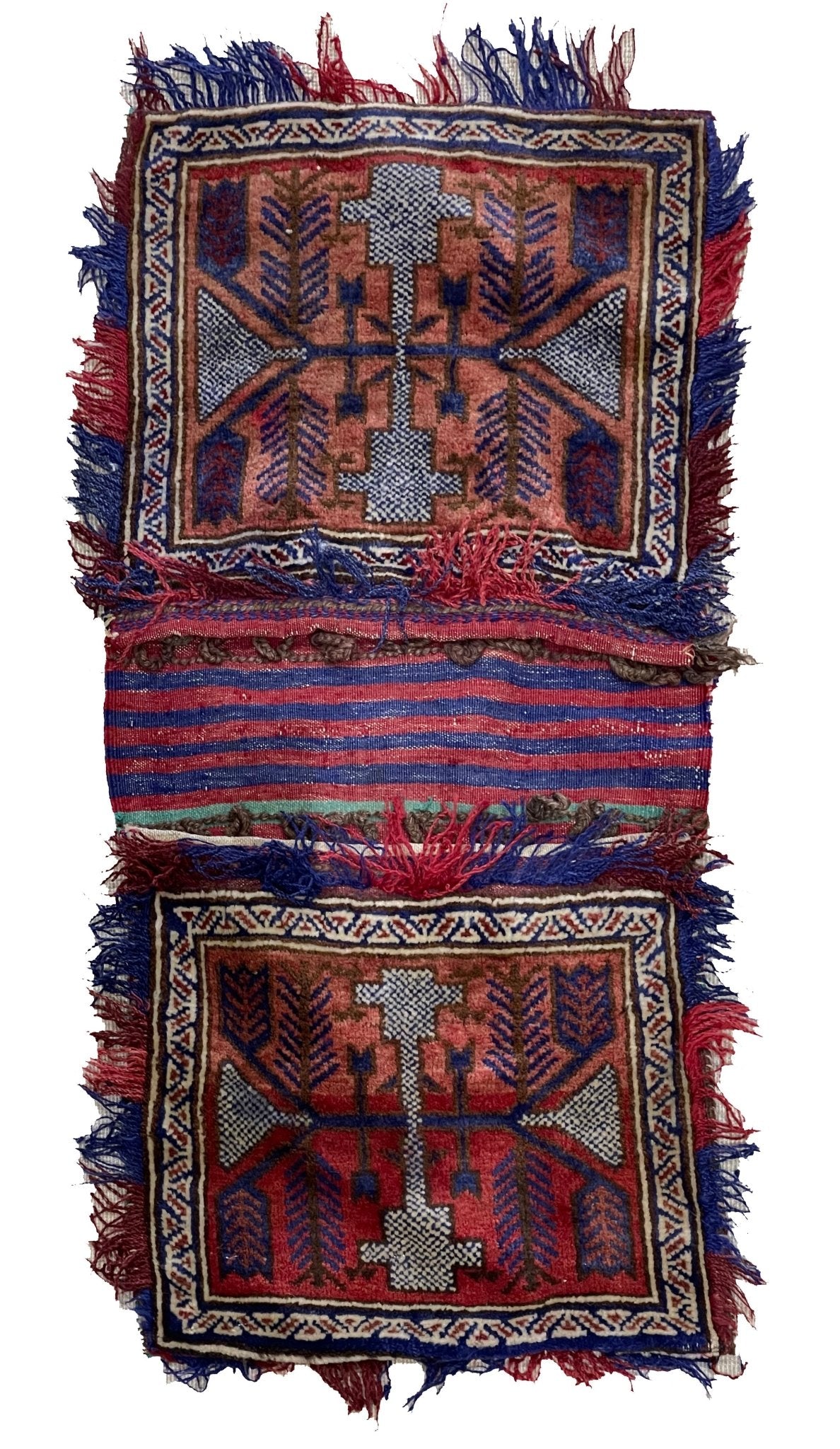 A vintage handmade Afghan wool saddle bag featuring two square panels with geometric motifs.