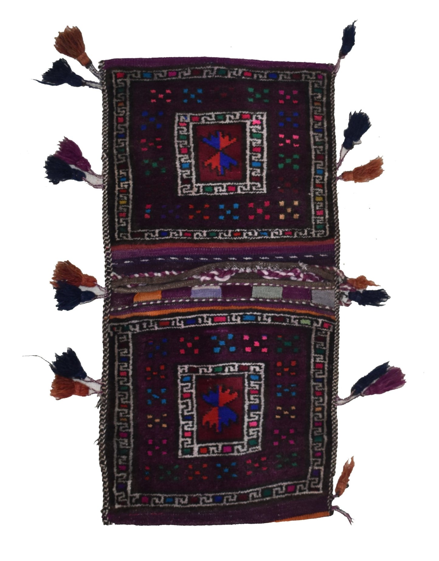 A handmade vintage Afghan wool saddle bag featuring two dark purple panels with geometric motifs.