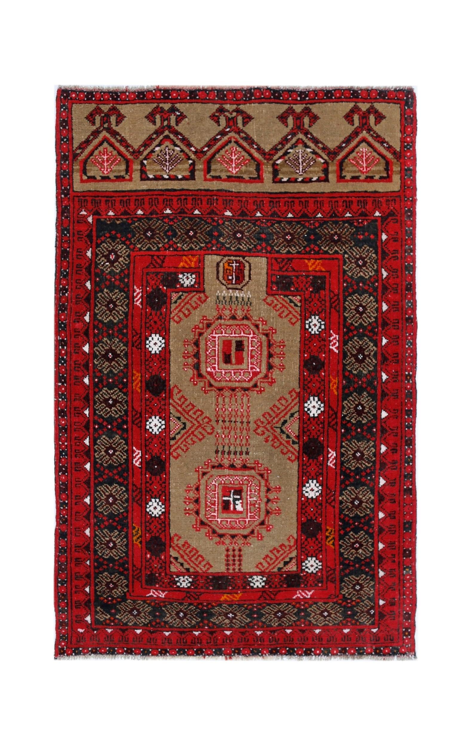 Handmade Afghan Turkmen Prayer Rug | 117 x 77 cm | 3'10" x 2'6" - Najaf Rugs & Textile