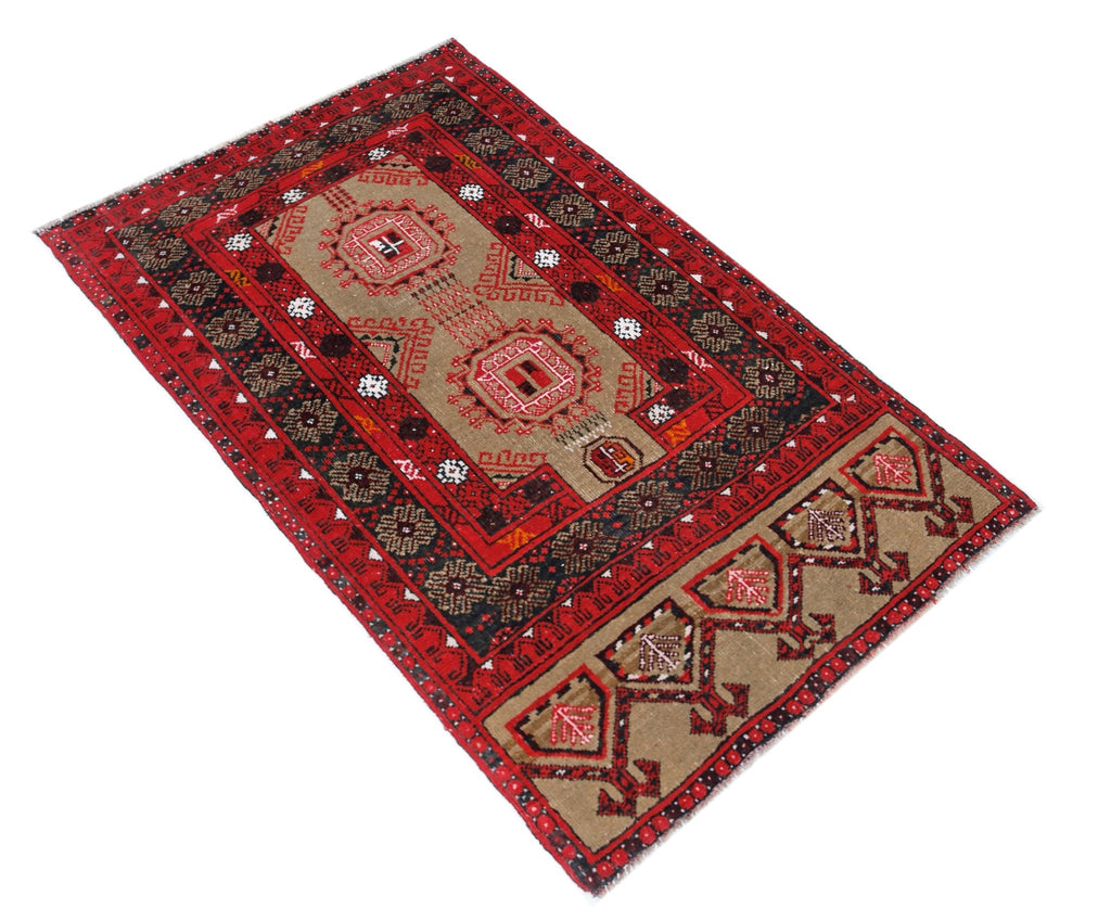 Handmade Afghan Turkmen Prayer Rug | 117 x 77 cm | 3'10" x 2'6" - Najaf Rugs & Textile