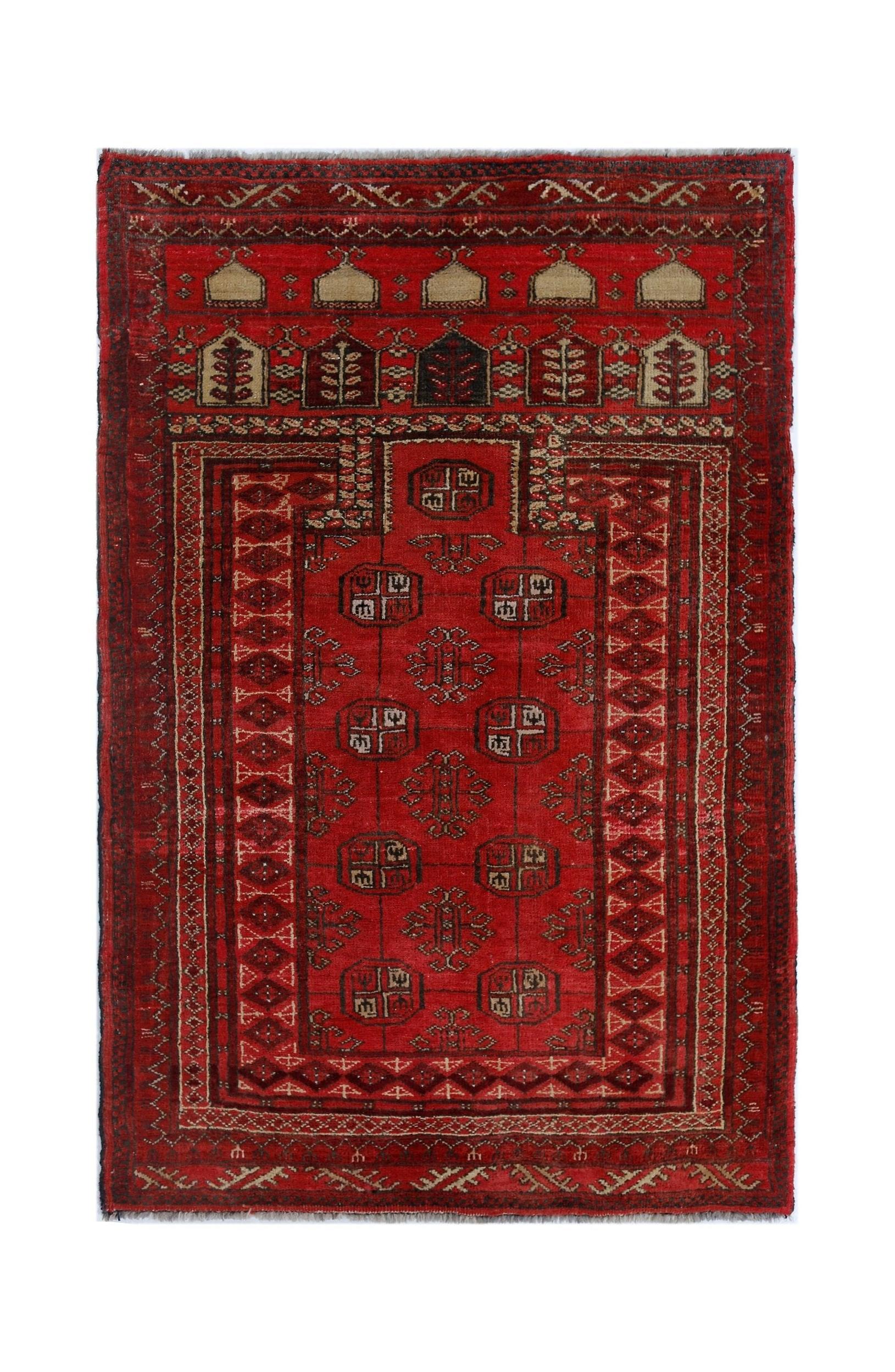 Handmade Afghan Turkmen Prayer Rug | 120 x 79 cm | 3'11" x 2'7" - Najaf Rugs & Textile
