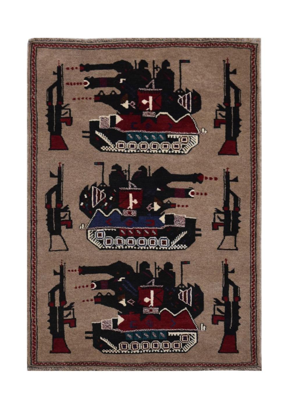 Handmade Afghan wool rug featuring a repeating pattern of tanks and rifles on a tan background.