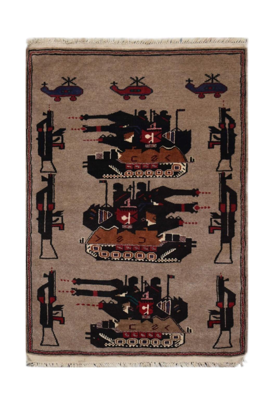 Handmade Afghan wool rug featuring a repeating pattern of tanks, helicopters, and rifles.