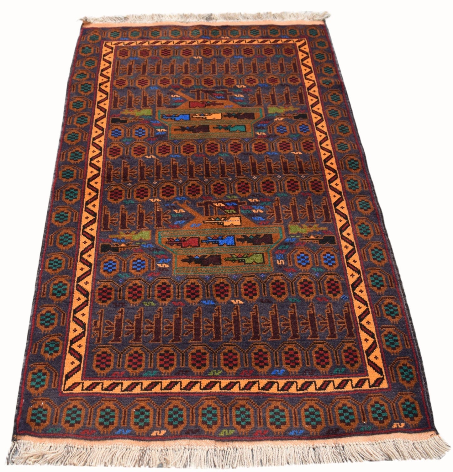 Handmade Afghan wool rug featuring a dark blue field with geometric patterns and tank motifs.