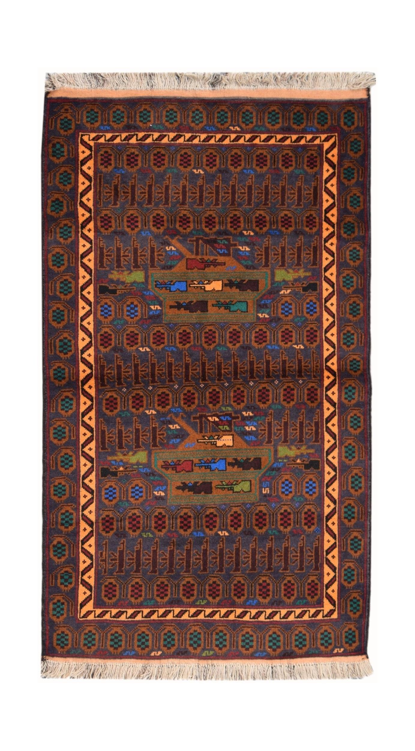 Handmade Afghan wool rug featuring a dark blue field with repeating tank and rifle motifs.