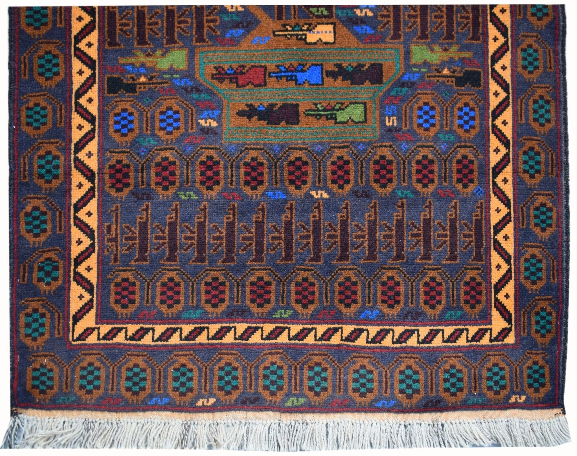 Handmade Afghan wool rug featuring geometric patterns and stylized military motifs in dark tones.