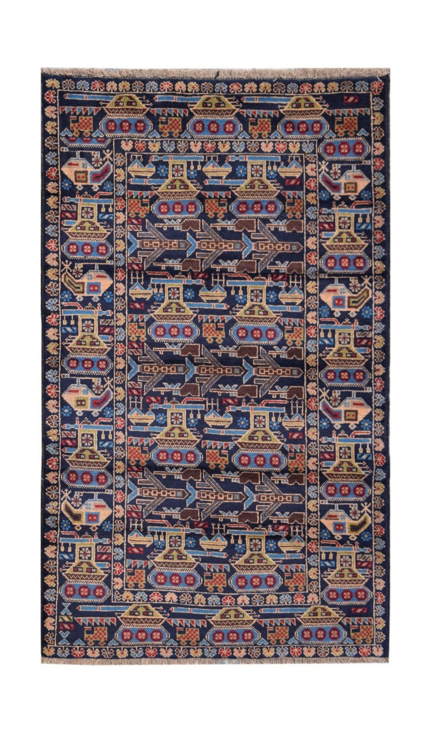 Handmade Afghan wool rug featuring a repeating pattern of tanks and helicopters on a blue field.