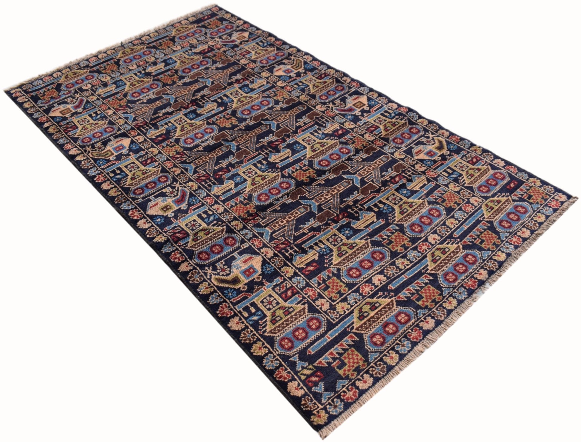 Handmade Afghan wool rug featuring a dark blue field with repeating tank and military motifs.