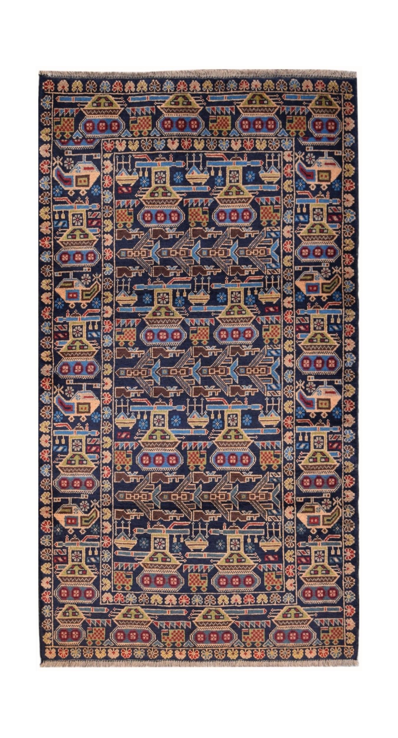 Handmade Afghan wool rug featuring a dark blue field with repeating military tank and helicopter motifs.