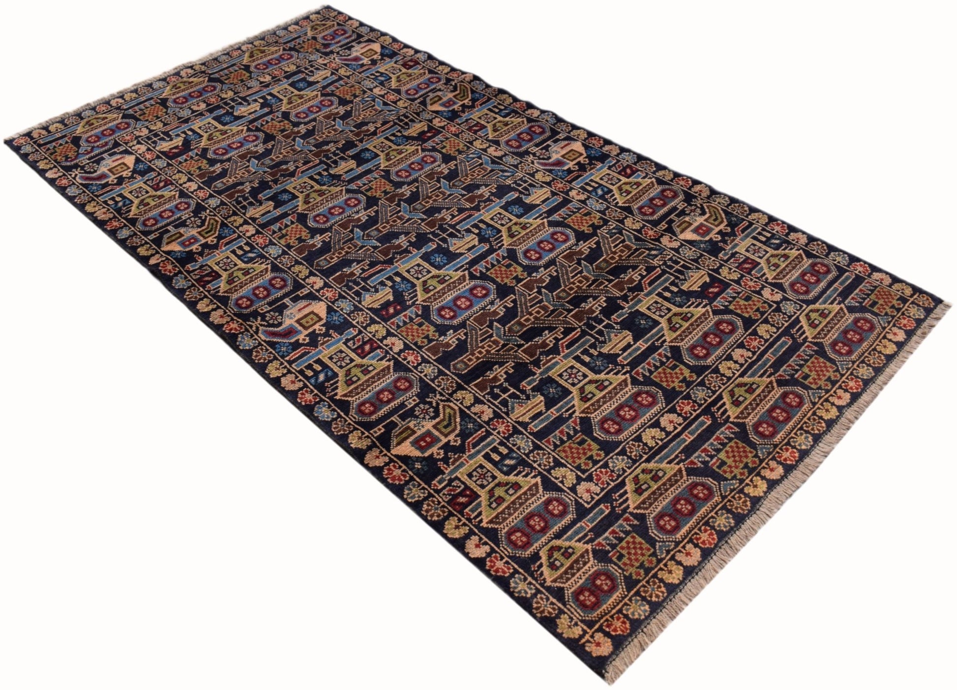 Handmade Afghan wool rug featuring a dark blue field with intricate geometric war-themed motifs.