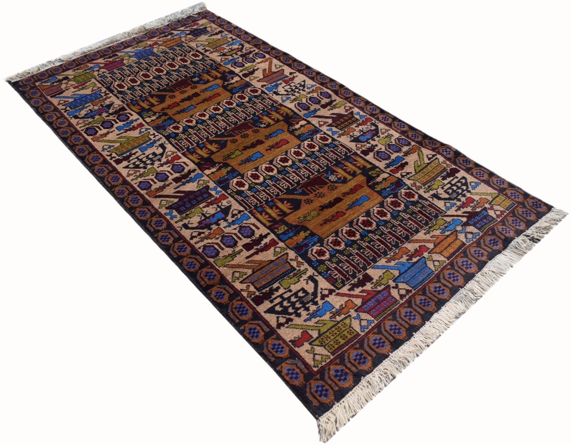 Handmade Afghan Pashm rug featuring intricate war-themed motifs in a rectangular wool design.