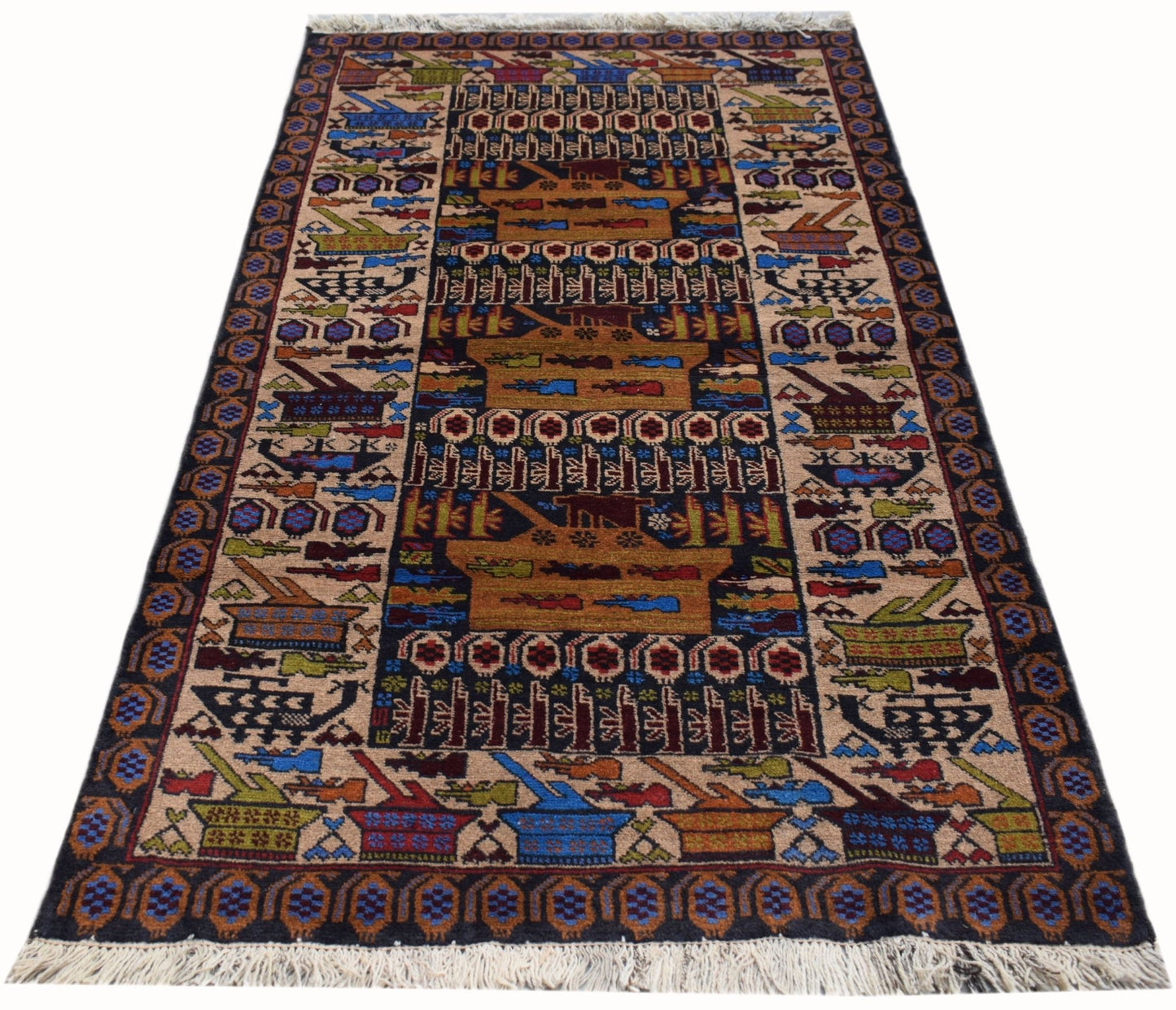 Handmade Afghan wool rug featuring a war-themed design with tanks and military motifs.