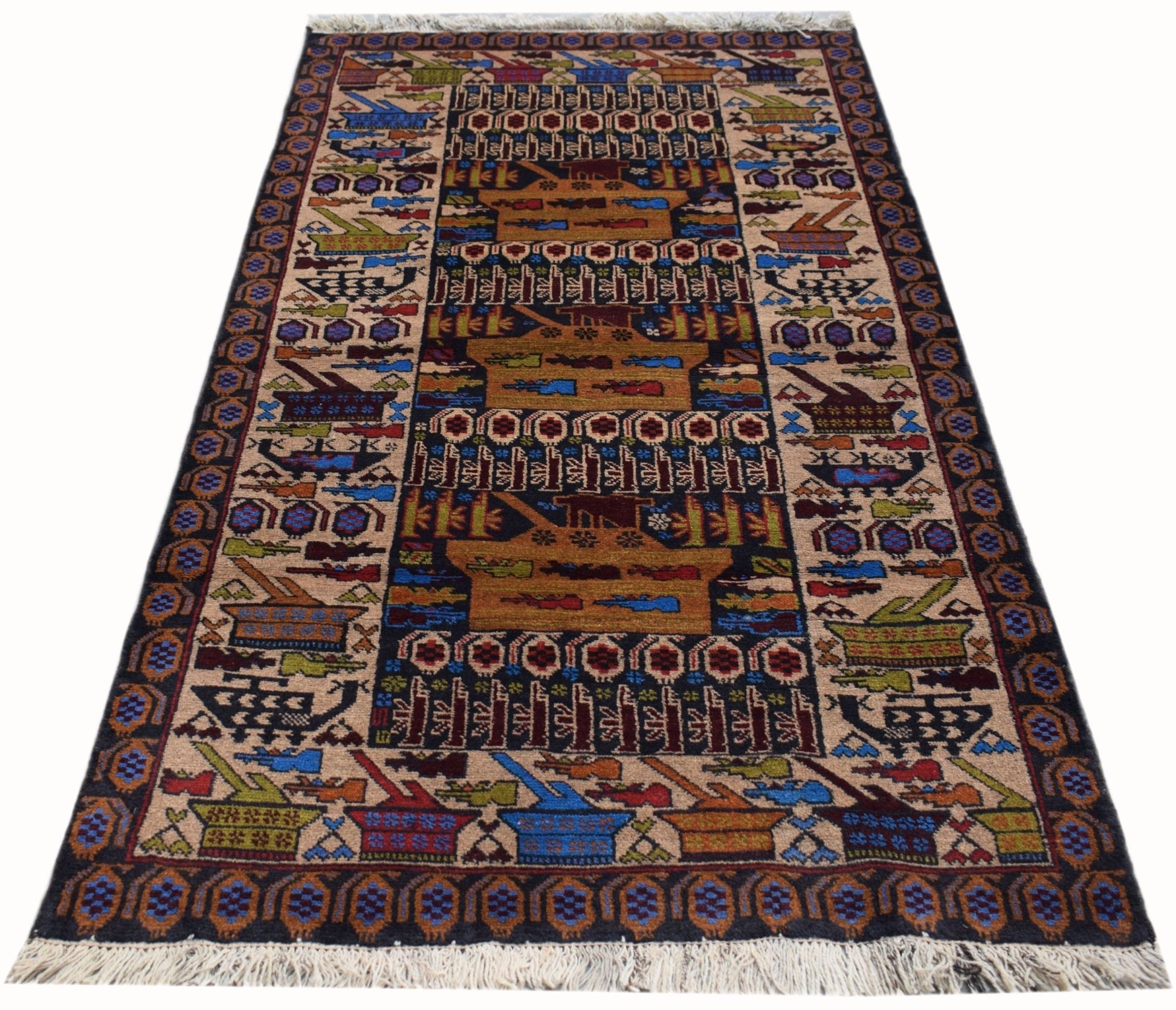 Handmade Afghan wool rug featuring a war-themed design with tanks and military motifs.