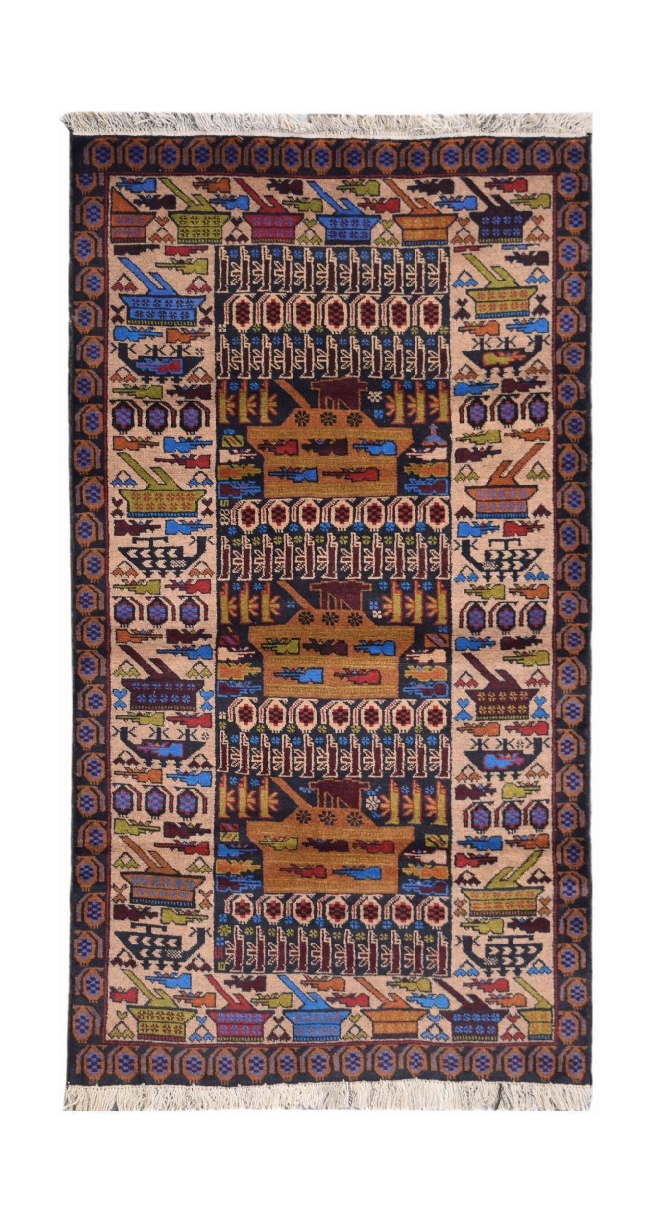 Handmade Afghan wool rug featuring a repeating pattern of tanks and military motifs.